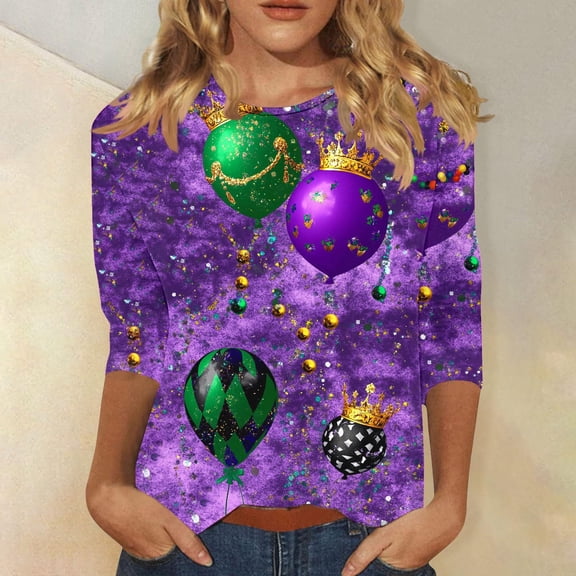 Pxxlle Womens Mardi Gras Shirt Plus Size 3/4 Sleeve Fat Tuesday Shirts Loose Fit Crewneck New Orleans Party Outfits Funny Mask Graphic Tees Size XL