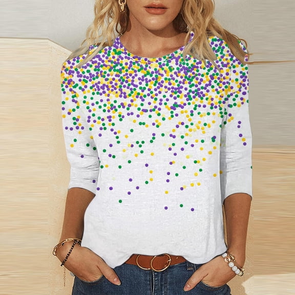 Pxxlle Womens Mardi Gras Shirts Fat Tueaday T Shirts Funny Mask Graphic Tees Plus Size 3/4 Sleeve Crewneck Tops New Orleans Party Tshirts Size S