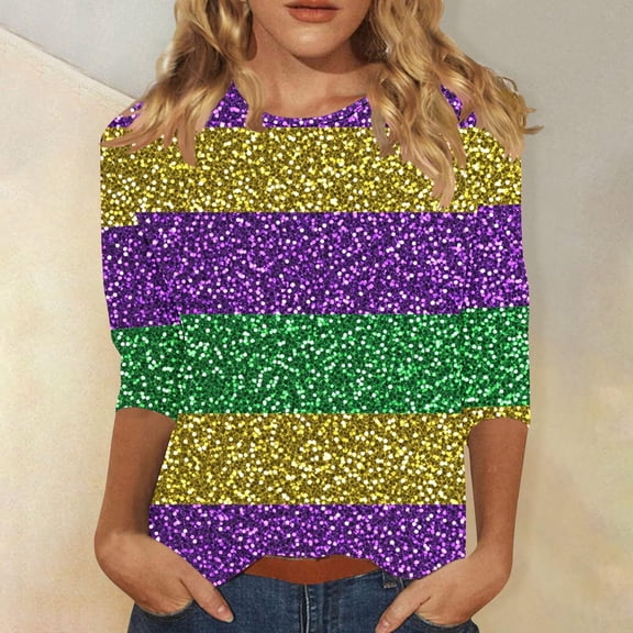 Pxxlle Womens Plus Size Mardi Gras Shirts Funny Mask Graphic Fat Tuesday Shirt Casual Crewneck 3/4 Sleeve Blouse Tops New Orleans Carnival Themed Party Outfits Size S