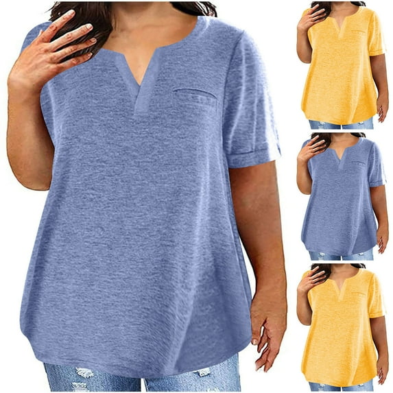 Pxxlle Womens Plus Size Notch V Neck Tshirts Casual Short Sleeve Tshirt Solid Color Classic Fit Tees Loose Fitted Tunic Tops with Pocket Yellow S
