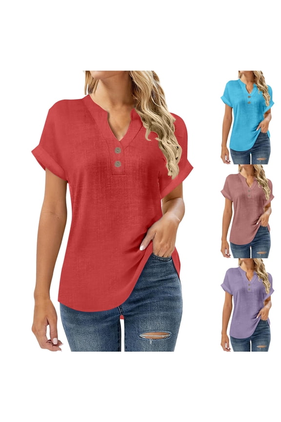 Womens Plus Size Shirts Trendy Cotton Linen Shirt Solid Button V Neck Tunic Tops Casual Summer Short Sleeve T Shirts Sky Blue XXL