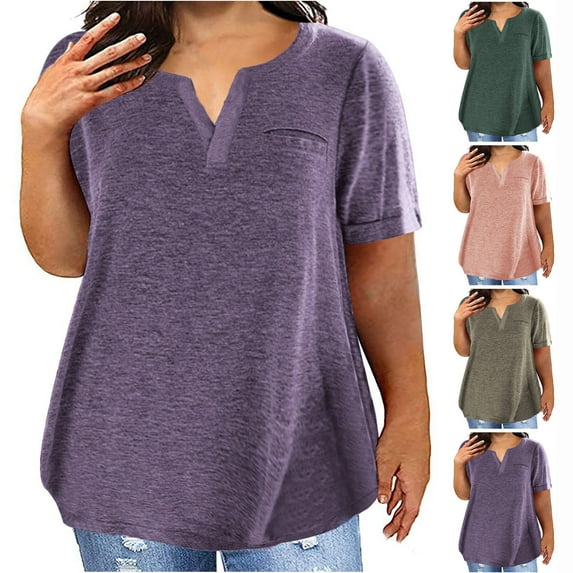 Pxxlle Womens Plus Size T Shirts Loose Fitted Short Sleeve Tshirts Big Oversized Notch Neck Summer Tees Solid Color Classic Tops Purple XXXXXL