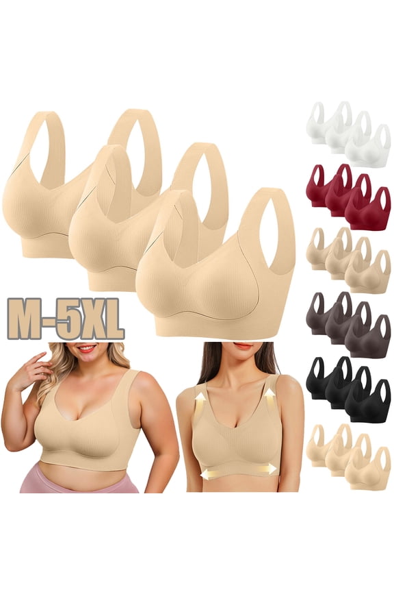 Womens Seamless Bras Plus Size No Underwire Bra Full Figure Everyday Bras Push Up Bralette for Big Breast Pack of 3 XXXXL Black