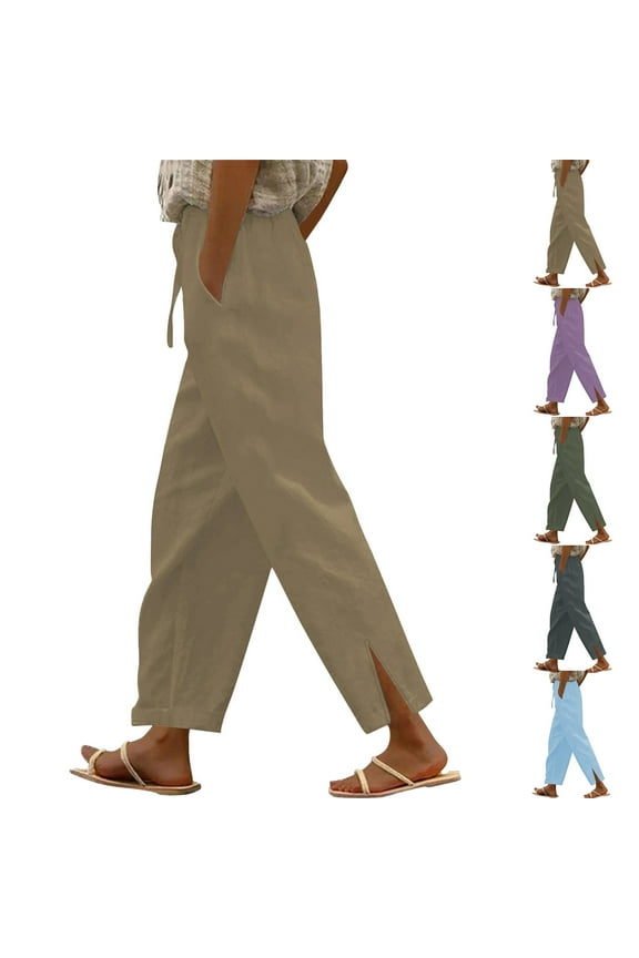 Womens Side Split Pants for Women Casual Wide Leg Cotton Linen Pant Summer High Waisted Drawstring Trousers with Pockets Khaki L