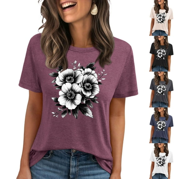 Pxxlle Womens Summer Casual T Shirts Loose Fitted Round Neck Tshirts Fashion Flower Graphic Tees Short Sleeve Beach Vacation Going Out Tops (Gray L)