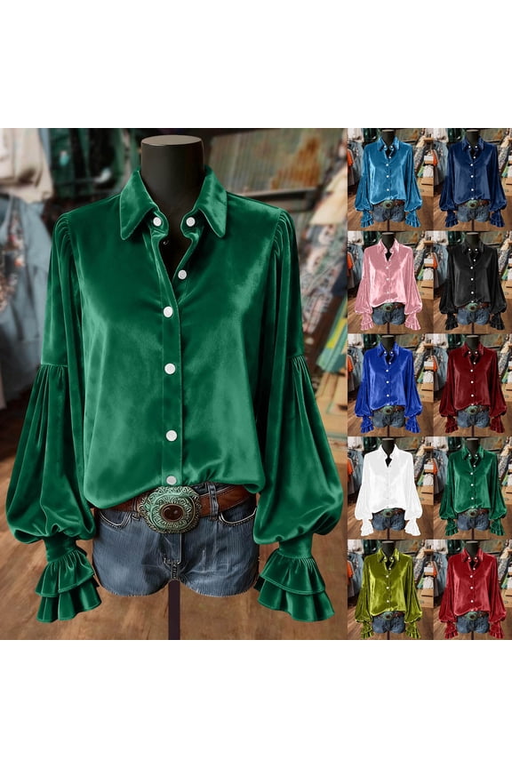 Womens Velvet Shirts Vintage Flare Long Sleeve Blouses Vintage Button Down Lapel Shirt White XXL