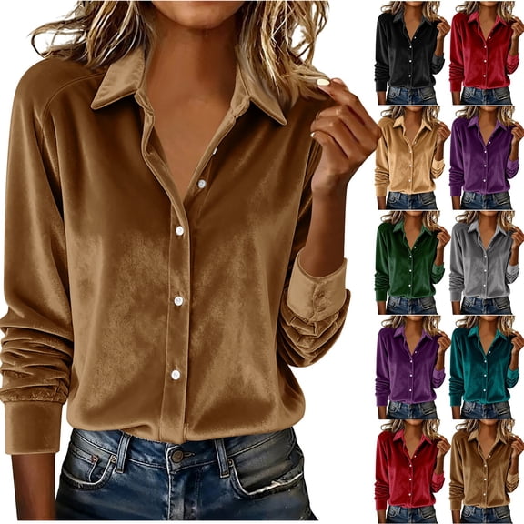 Pxxlle Womens Velvet Tops Dressy Casual Button Down Shirts Elegant Long Sleeve Lapel Blouses for Business Office Red XXL