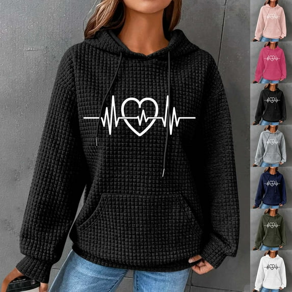 Pxxlle Womens Waffle Knit Hoodie Trendy Heart Graphic Hoodies Casual Loose Long Sleeve Hooded Sweatshirts Fall Drawstring Sweatshirt with Pockets Black XL