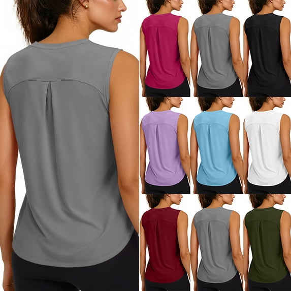 Pxxlle Workout Tank Tops for Women Summer Loose Fit Sleeveless Top Solid Color Round Neck Basic Tees for Running Wine S