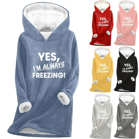 Pxxlle Yes, I'm Always Freezing Hoodies for Women Comfort Sherpa Fleece Lined Hooded Pullover Tops Casual Long Sleeve Long Loungewear Dark Gray XL