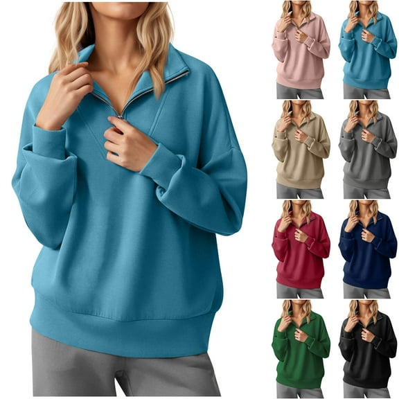 Pxxlle Zip Up Sweatshirts for Women Casual Long Sleeve Workout Pullover Tops Loose Fit Drop Shoulder Sweatshirt Solid Color Fall Winter Athletic Clothes Pink XL
