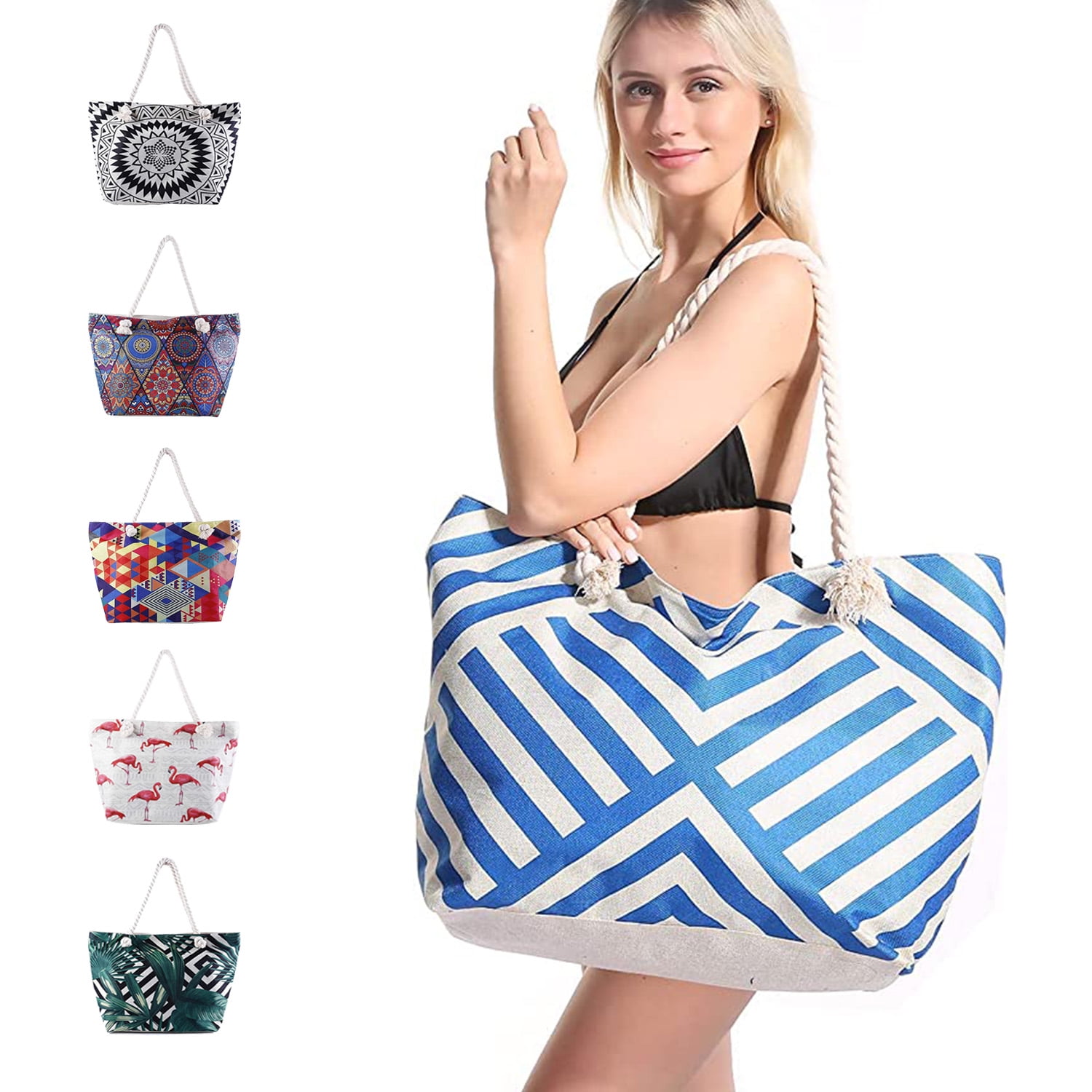 Extra Large Beach Bags Totes for Women Waterproof Sandproof Big Tote Bag  with Zipper, Inner Pockets Rope Handle Canvas with Zip Closure Swim Pool  Gym Picnic Travel Weekend Accessorie Handbag Gifts 