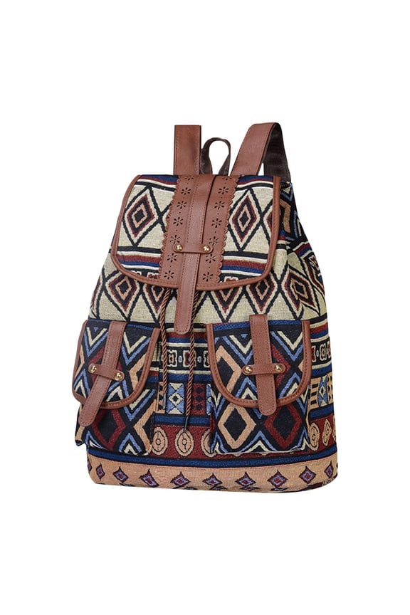 Ethnic Style Pattern Backpack Canvas Bag Stylish Floral Travel Bag Adjustable Drawstring Casual Backpack for School Work Shopping