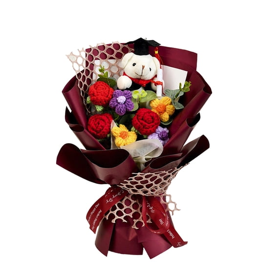 Pxyqht Handmade Graduation Bouquet Plush Bear with Knitted Flowers Keepsake Gift for Class of2026 Party Decoration Celebratory Centerpiece