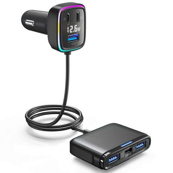 Pxyqht High-Speed Car Charger with 6 Ports USB Multi Port QC3.0 and PD Fast Charging 115W for Front and Rear Seat Charging with Intelligent Display and Multiple Safety Protections