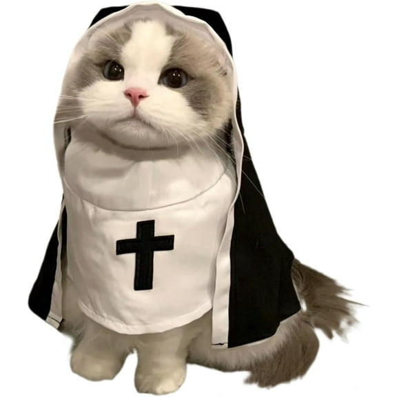 Pyaiiner Halloween Nun Costume for Cats Funny Pet Nun Outfit with Cross Collar Cape for Spooky Church Cat Cosplay Suitable for Gold Gradient Silver Gradient Cheese Cat Teddy Bear Teddy