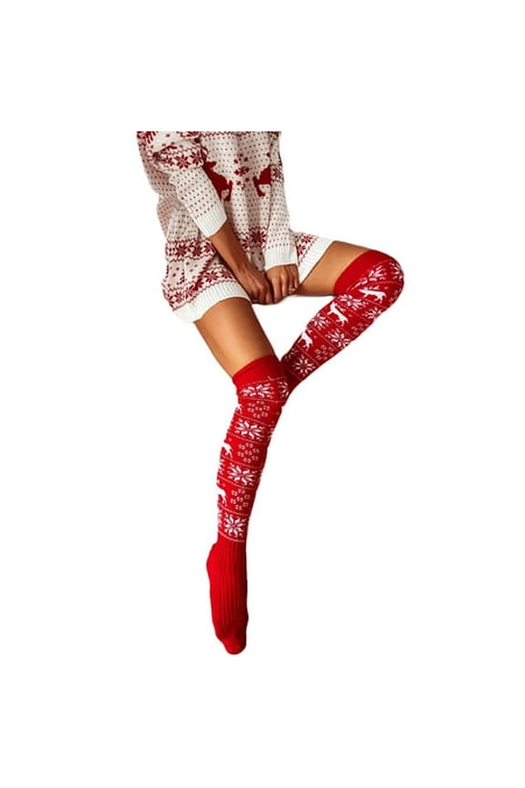 Women's Christmas Thigh High Socks Snowflake Print Knit Stockings