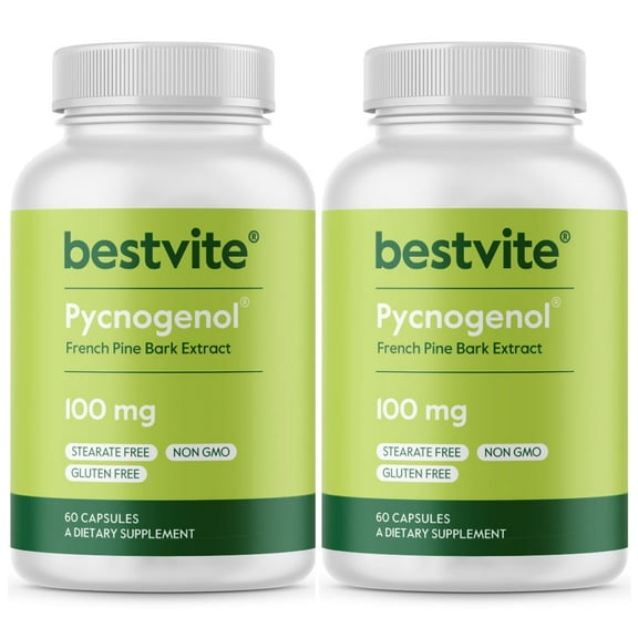 Pycnogenol 100mg (120 Capsules) (2 x 60) - French Maritime Pine Bark Extract - No Stearates - Gluten Free - Non GMO