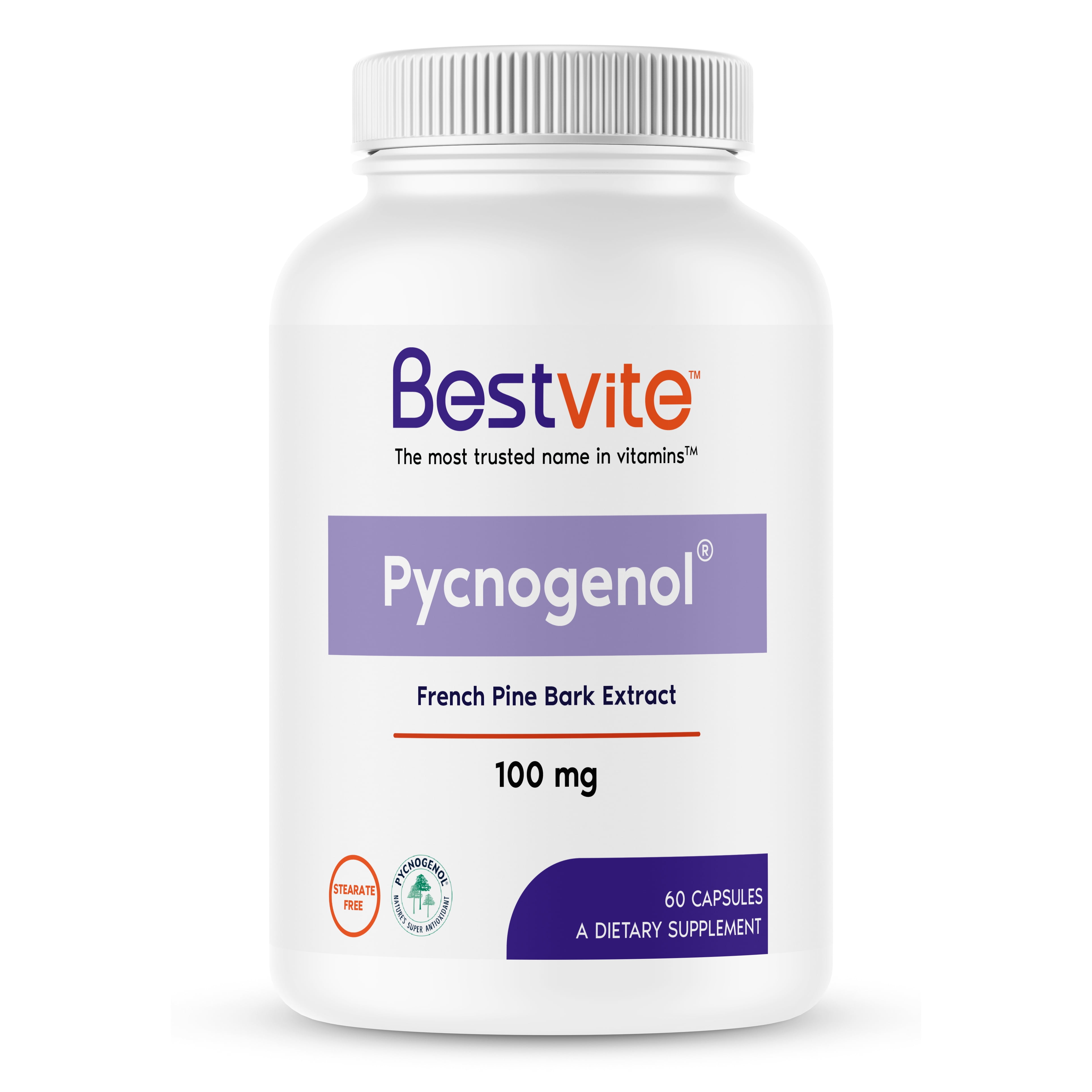 Pycnogenol 100mg (60 Capsules) - French Maritime Pine Bark Extract - No Stearates - Gluten Free - Non GMO
