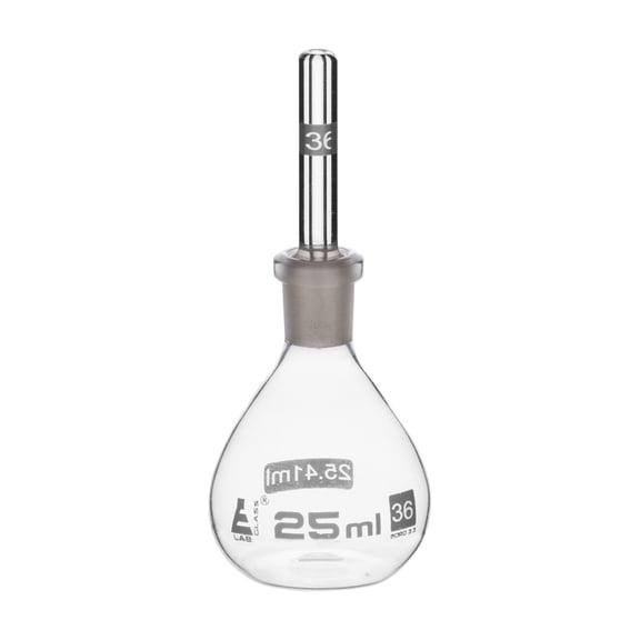 Pycnometer, Calibrated, 25mL - Specific Gravity Bottle with Flat Bottom & Perforated Stopper - Borosilicate 3.3 Glass - Eisco Labs