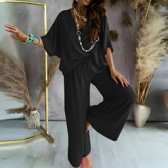 Pyhlmscde 3/4 Sleeve Tops for Women, V Neck Tops for Women, Wide Leg Pants Woman