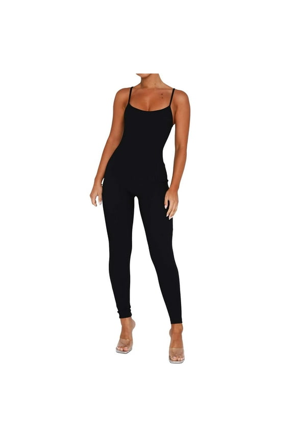Abercrombie Jumpsuit, Women's Jumpsuits, Plus Size Jumpsuit, Women Workout Jumpsuit Yoga Ribbed Bodycon Spaghetti Strap Leggings Romper Black 2XL