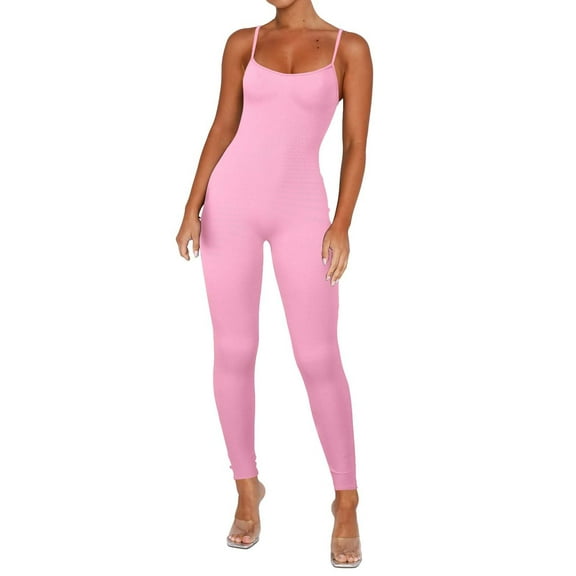 Pyhlmscde Abercrombie Jumpsuit, Women's Jumpsuits, Plus Size Jumpsuit, Women Workout Jumpsuit Yoga Ribbed Bodycon Spaghetti Strap Leggings Romper Pink 2XL