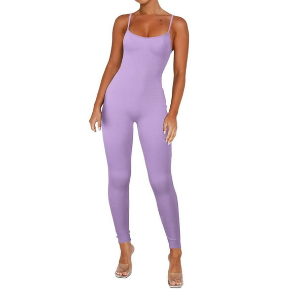 Pyhlmscde Abercrombie Jumpsuit, Women's Jumpsuits, Plus Size Jumpsuit, Women Workout Jumpsuit Yoga Ribbed Bodycon Spaghetti Strap Leggings Romper Purple L