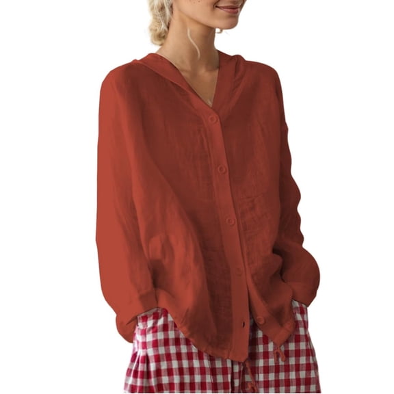 Pyhlmscde Cardigan Sweaters for Women, Lightweight Cardigans for Women, Early Fall Fashion, Women's Cotton Linen Hooded Button Down Jacket Lightweight Sun Protection Clothing Red M