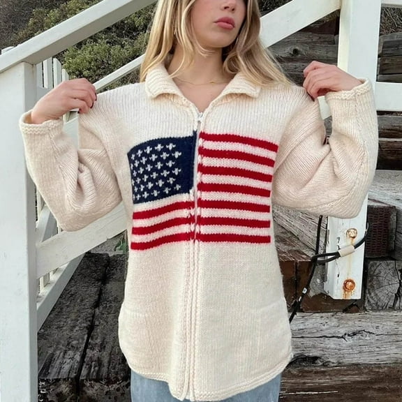 Pyhlmscde Cardigan Sweaters for Women Women American Flag Cardigan Sweaters Y2k Long Sleeve Open Front Button Down Cardigans USA Flag Knitwear,American Flag Sweater, Flag Sweaters for Women