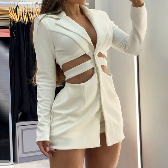 Pyhlmscde Casual Suit Dress Sets With Hollow Waist Lapel Long Sleeve Suit And Shorts, womens blazers for work casual, womens blazers dressy casual, jackets for women