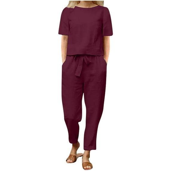 Pyhlmscde Cotton And Linen Matching Suit Half Sleeved Wide Leg Pants Retro Set Of Two, Lounge Sets for Women, Two Piece Sets for Women Wine XL