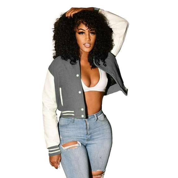 Pyhlmscde Jackets for Women, Fall Coats, Early Fall Fashion, Fashion Women Autumn Casual Stand Collar Button Long Sleeve Pocket Coat Baseball Jackets Gray L