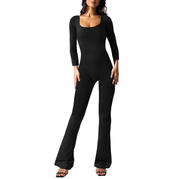Pyhlmscde Jumpsuits for Women Square Neck Wide Leg Full Length Romper Playsuit, Jumpsuits for Women Casual, Black Jumpsuit for Women, Long Sleeve Jumpsuit for Women