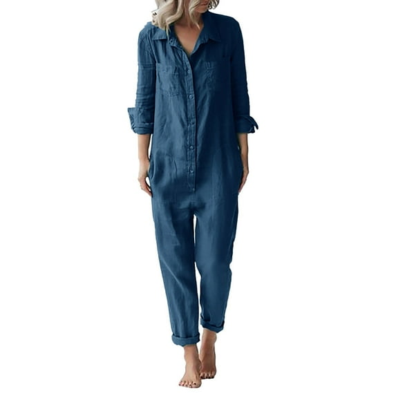 Pyhlmscde Jumpsuits for Women, Women's Cotton Linen Casual Loose Lapel Long Sleeve with Pockets Jumpsuit (Blue, 2XL)