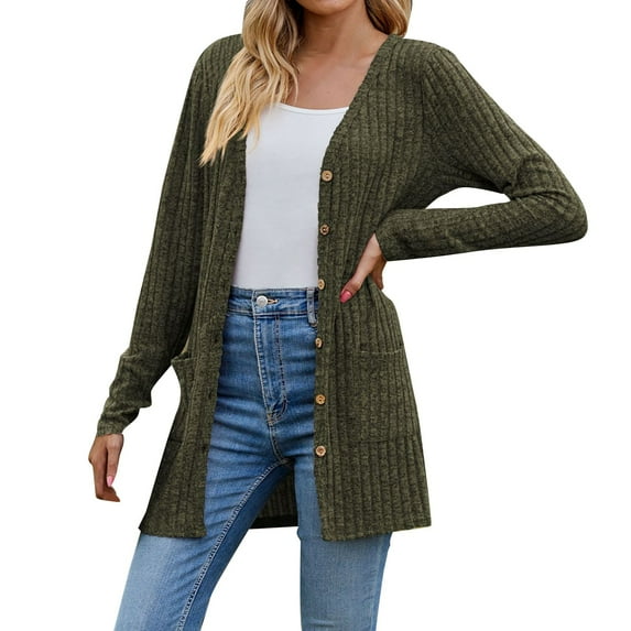 Pyhlmscde Lightweight Cardigans for Women, Early Fall Fashion, Womens Sweaters, Women's Autumn And Winter Brushed Solid Color Long Sleeved Women's Cardigan Jacket Army Green M