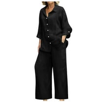 Pyhlmscde Linen 2 Piece Sets for Women Summer 2024 Loose Long Sleeve Shirts Wide Leg Pant Matching Set Plus Size Vacation Outfits, Lounge Sets for Women, Two Piece Sets for Women Black L