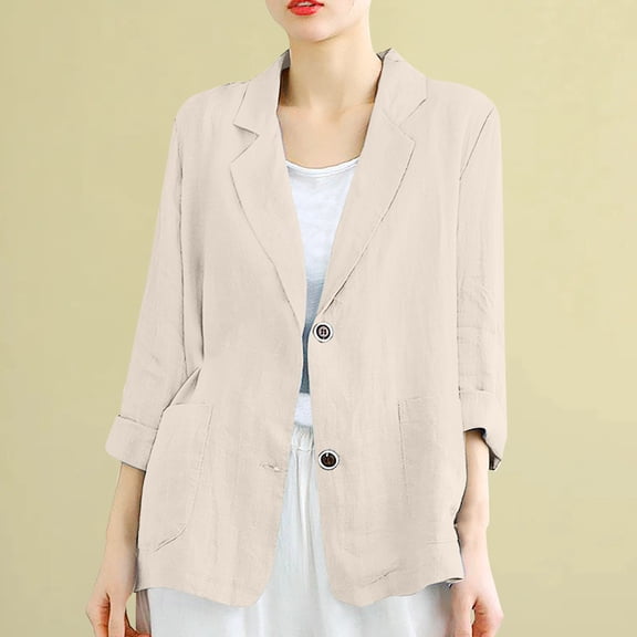 Pyhlmscde Linen Women Summer Lightweight Casual One Button Linen Work Jackets Lapel 3/4 Sleeve For Women Trendy, womens blazers for work casual, womens blazers dressy casual, jackets for women