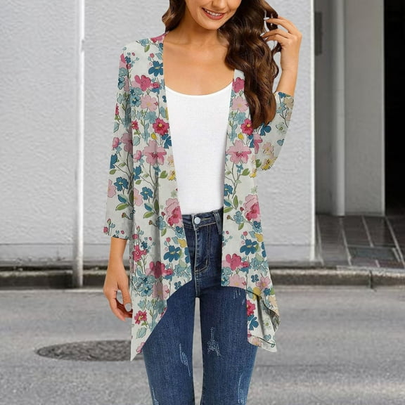 Pyhlmscde Long Cardigan Irregular Women's Casual 3/4 Sleeve Shirts Flower Half Sleeves Jackets, Women Cardigans Lightweight, Cover Up Tops For Women, Soft Cardigans For Women