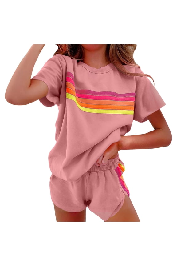 Luggage Sets, 2 Piece Lounge Sets for Women Summer Rainbow Striped Tops Casual Shorts Color Blocked Suit Sweatshirts Set