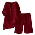 thumbnail image 1 of Pyhlmscde Luggage Sets, Womens Daily Casual Solid Short Sleeve V Neck Shirt Tops Pockets Elastic Waist Pants Shirt Trousers Set (Wine, S), 1 of 9