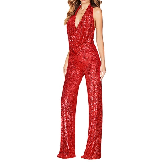 Pyhlmscde Rompers for Women Dressy Elegant Halter Cowl Neck Sparkly Sequin Jumpsuits Sleeveless Clubwear Wide Leg