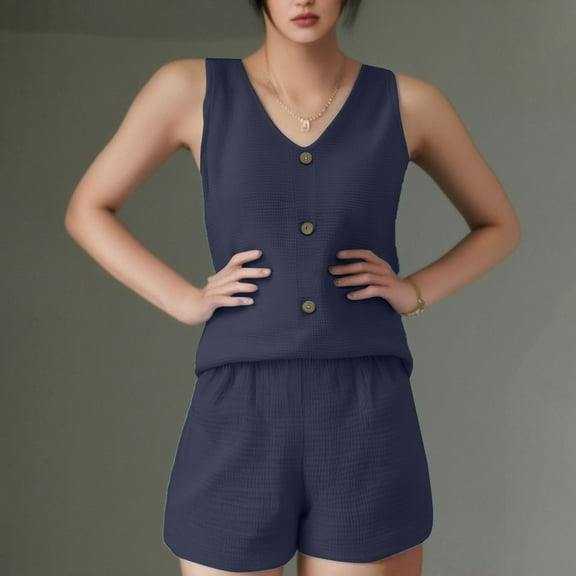 Pyhlmscde Two Piece Outfits for Women 2025 V Neck Vest And Shorts Loose Casual Two Pieces Set, Summer Rompers for Women 2025, 2Piece Set Outfit for Women Summer, Piece Sets Summer Dressy