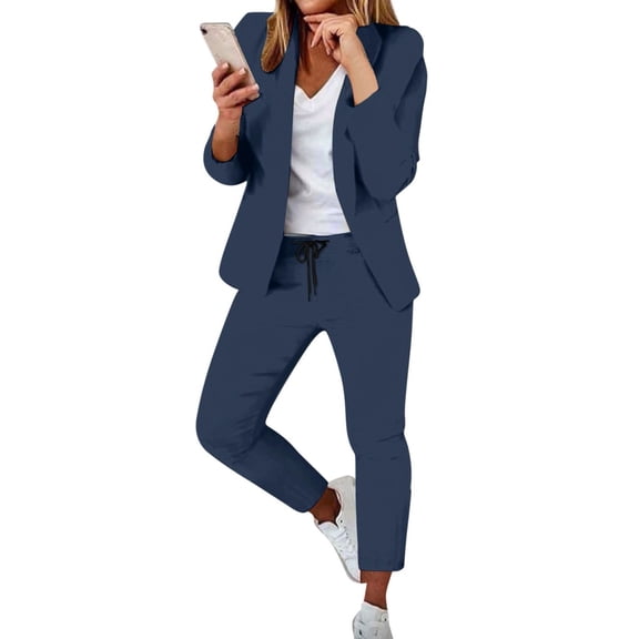 Pyhlmscde Women 2 Outfits Suit Pants Sets Casual Long Sleeve V Neck Jacket Trousers Fashion Streetwear, Lounge Sets for Women, Two Piece Sets for Women Navy 2XL