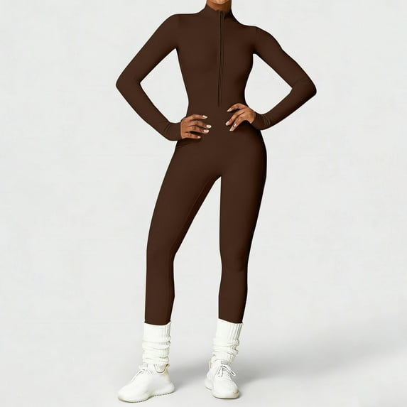 Pyhlmscde Women Bodycon Long Sleeve Workout Jumpsuit Zip Up One Piece Romper