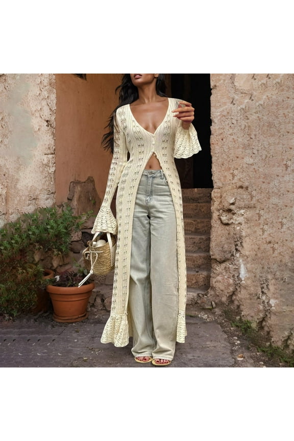 Women Elegant Crochet Knit Maxi Dress Button Down Hollow Out Cover Up Vacation Long Dress, Long Crochet Cardigan, Crochet Dresses for Women, Crochet Maxi Dress