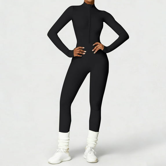 Pyhlmscde Women Long Sleeve Workout Jumpsuit Zip Up Bodycon One Piece Romper