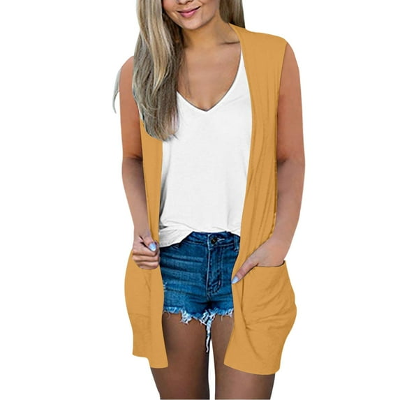 Pyhlmscde Women V Neck Coat Lightweight Cardigan Sleeveless Loose Outwear with Pockets, Cardigan Sweaters for Women, Lightweight Cardigans for Women, Early Fall Fashion Yellow 2XL