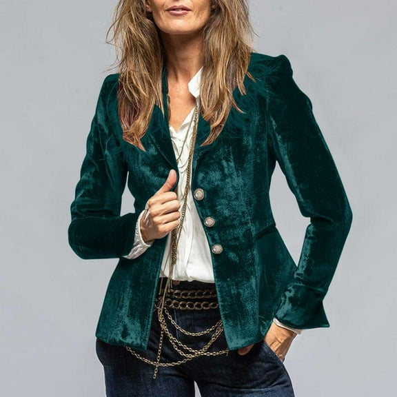Pyhlmscde Women Velvet Jacket V Neck Slim Fit Slit Long Sleeves Coat Retro Casual Suit, casual chic outfits for women, womens blazers dressy casual, jackets for women