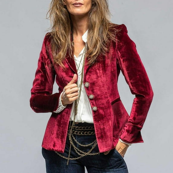 Pyhlmscde Women Velvet Jacket V Neck Slim Fit Slit Long Sleeves Coat Retro Casual Suit, casual chic outfits for women, womens blazers dressy casual, jackets for women